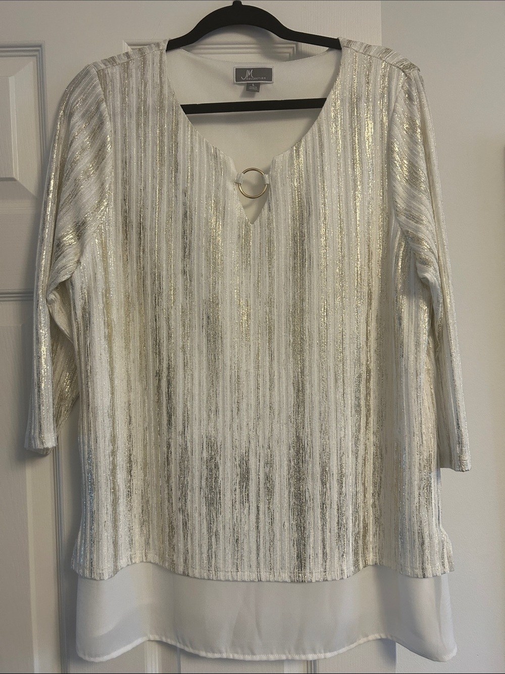 JM Collection White Tunic with Gold Metallic Stripes and Ring Detail